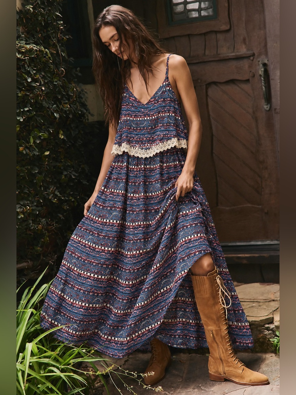 Stevie & Lindsay Boho Chic Paisley Maxi Popover Lined Dress Lace Trim Rayon 1X